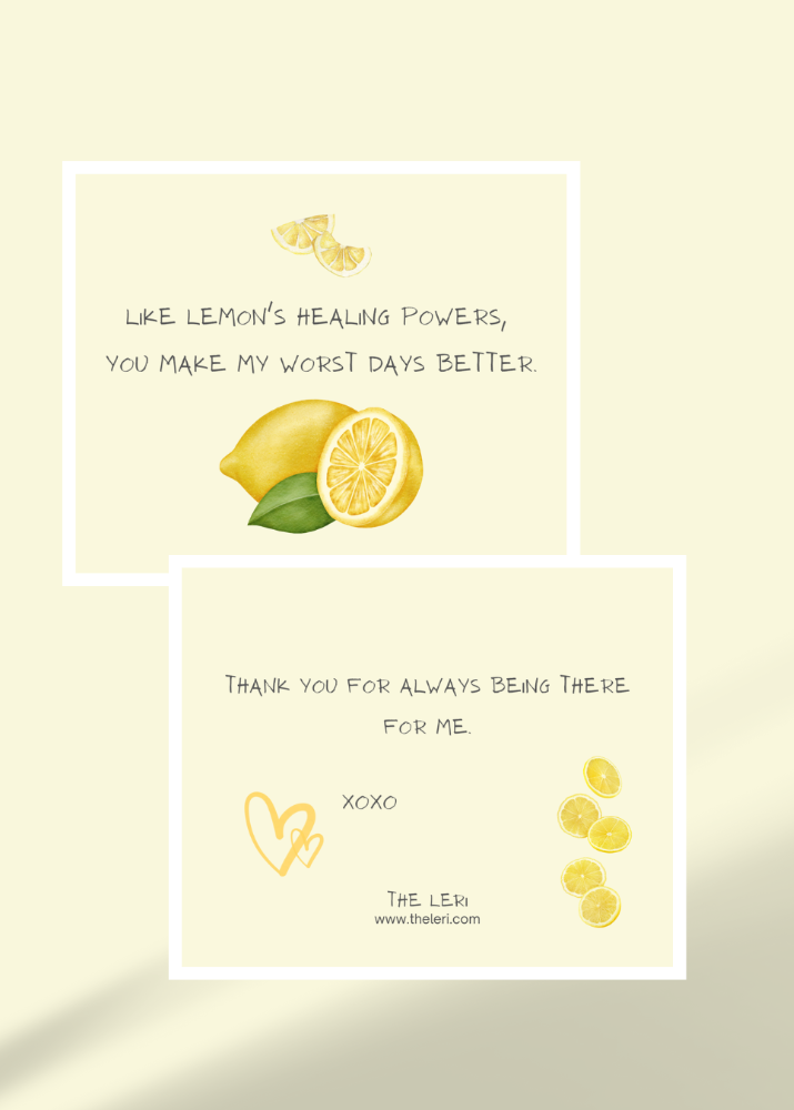 Two cards with lemons and text on a light yellow background