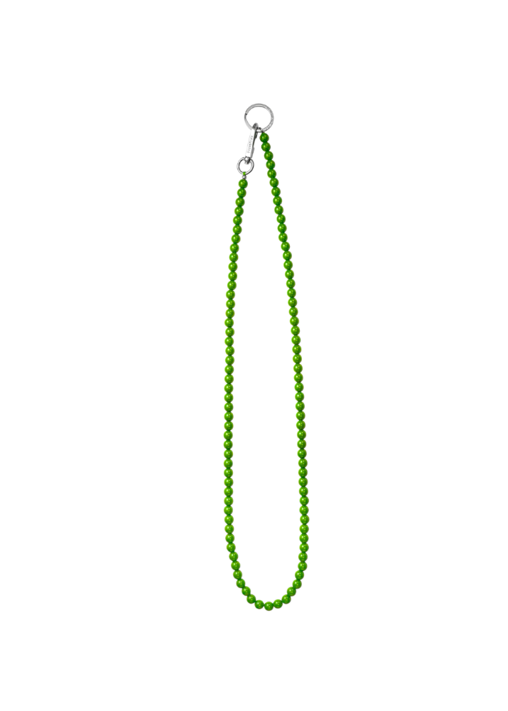 Green beaded lanyard with a metal clip on a white background