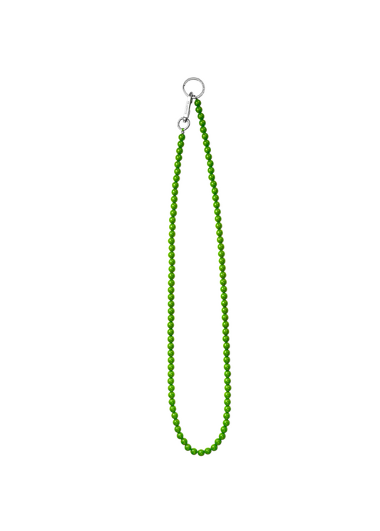 Green beaded lanyard with a metal clip on a white background