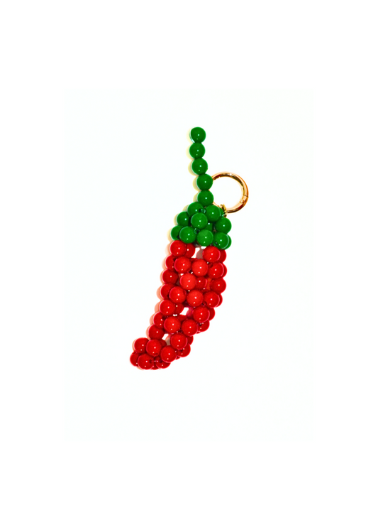 Beaded chili pepper keychain on a white background